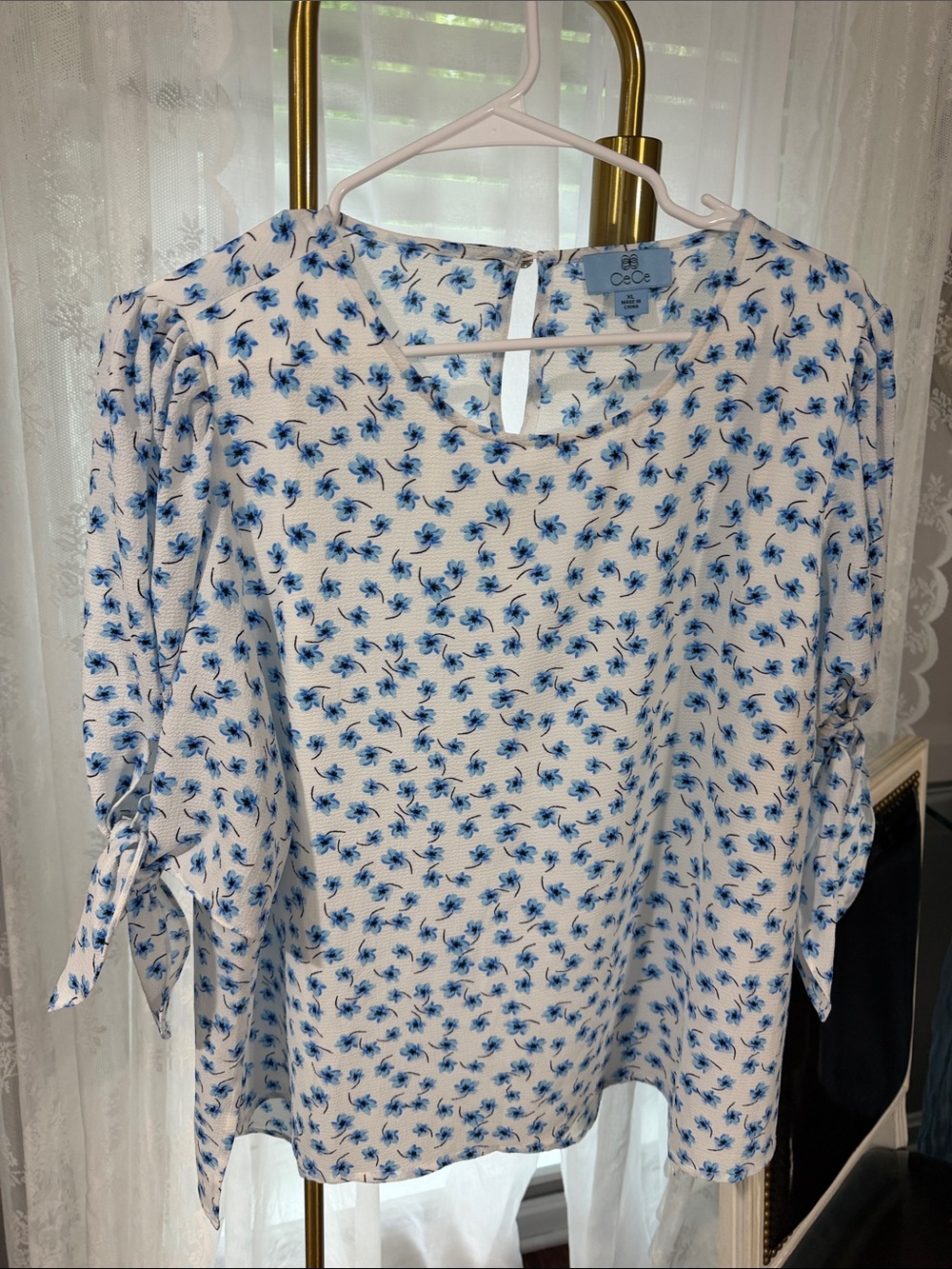 CeCe White Blouse with Blue Floral Tie-Sleeves and Keyhole Back